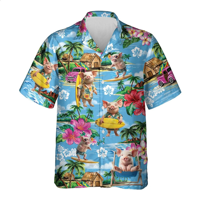 Funny Animal Pig 3D Printed Beach Shirt Cute Pet Graphic Shirts For Men Clothes Casual Hawaiian Surfing Short Sleeve Boy Blouses 260318