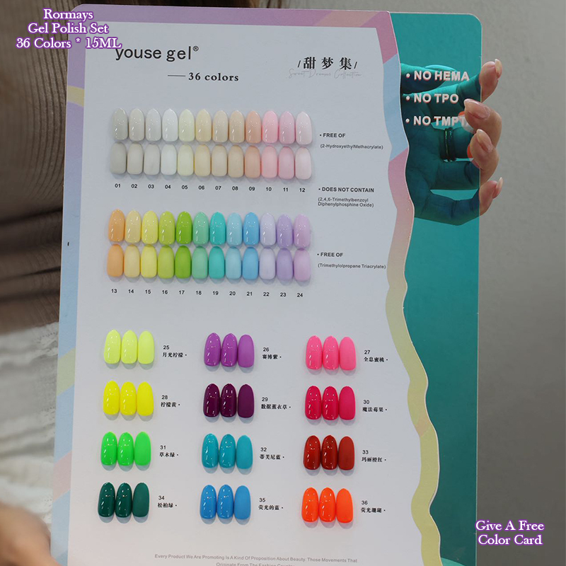 Youse Gel Sweet Dreams Collection 36 Colors Macaron Candy Fluorescent Neon Gel Nail Polish Set, Soak Off UV LED for Nail Art DIY