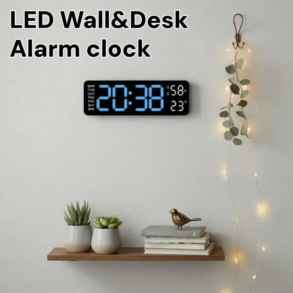 LED Digital WallDesk Alarm Clock 12/24h/3 levels Dimming/Date/Day of Week/Temp DisplayBattery or USB Powered for HomeOffice D260318
