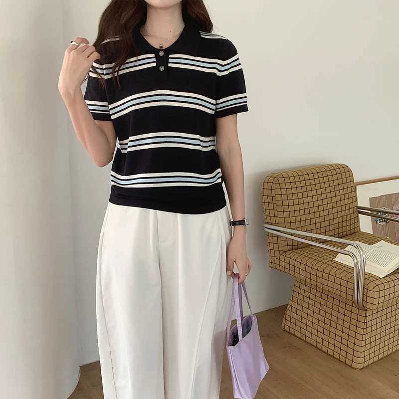Polo collar knitted shirt short sleeved womens summer front shoulder loose slimming T-shirt Korean casual versatile topT260317