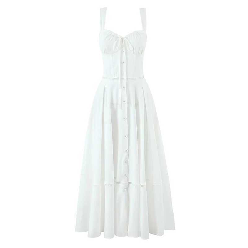 YENKYE Sexy Lace Up Bandage Back Elegant White Sling Dress Women Front Button A-line Cotton Corset Style Summer Dress Midi Robe L260305 - view 3
