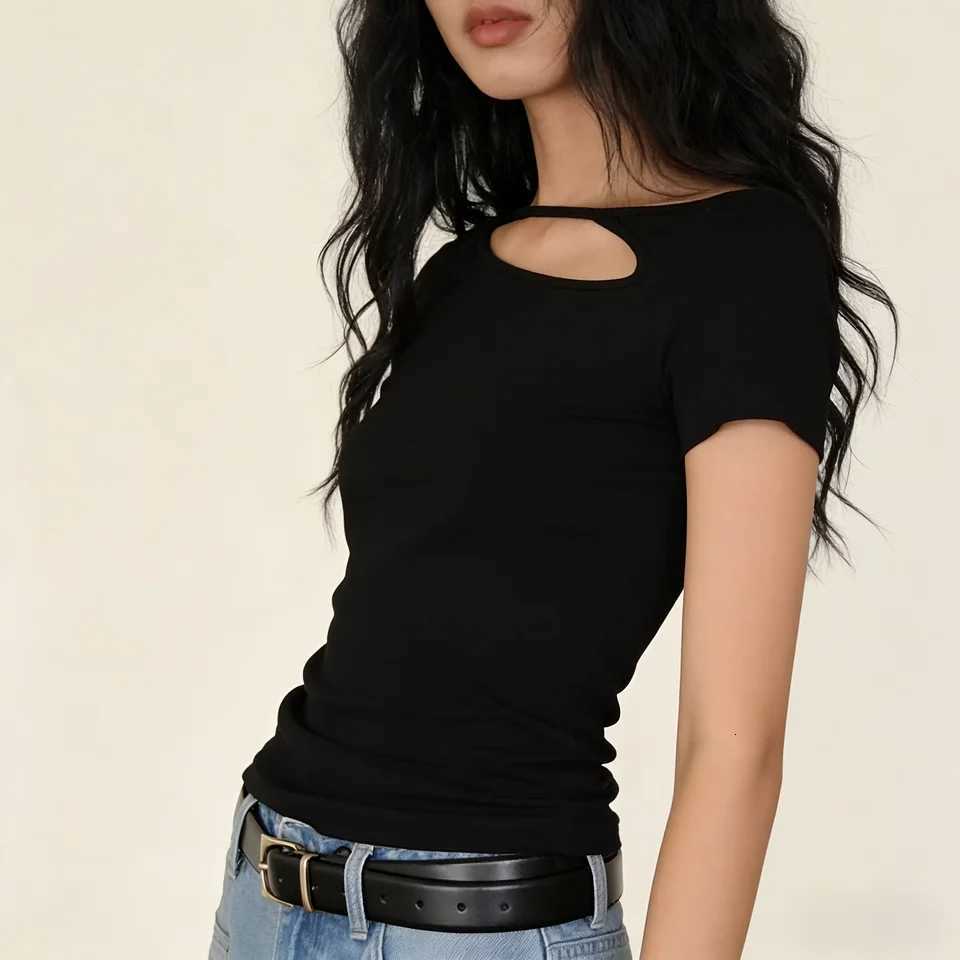 Womens Openwork Short-Sleeved Straight-Shoulder T-Shirt Stylish Summer Slimming Base Layer T-Shirt Womens TopT260317