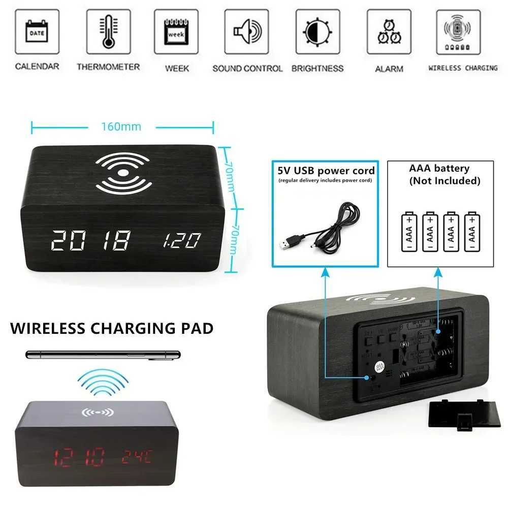 Alarm Clock LED Digital Wooden USB/AAA Powered Table Watch with Temperature Wireless Charging Electronic Desk Clocks D260318