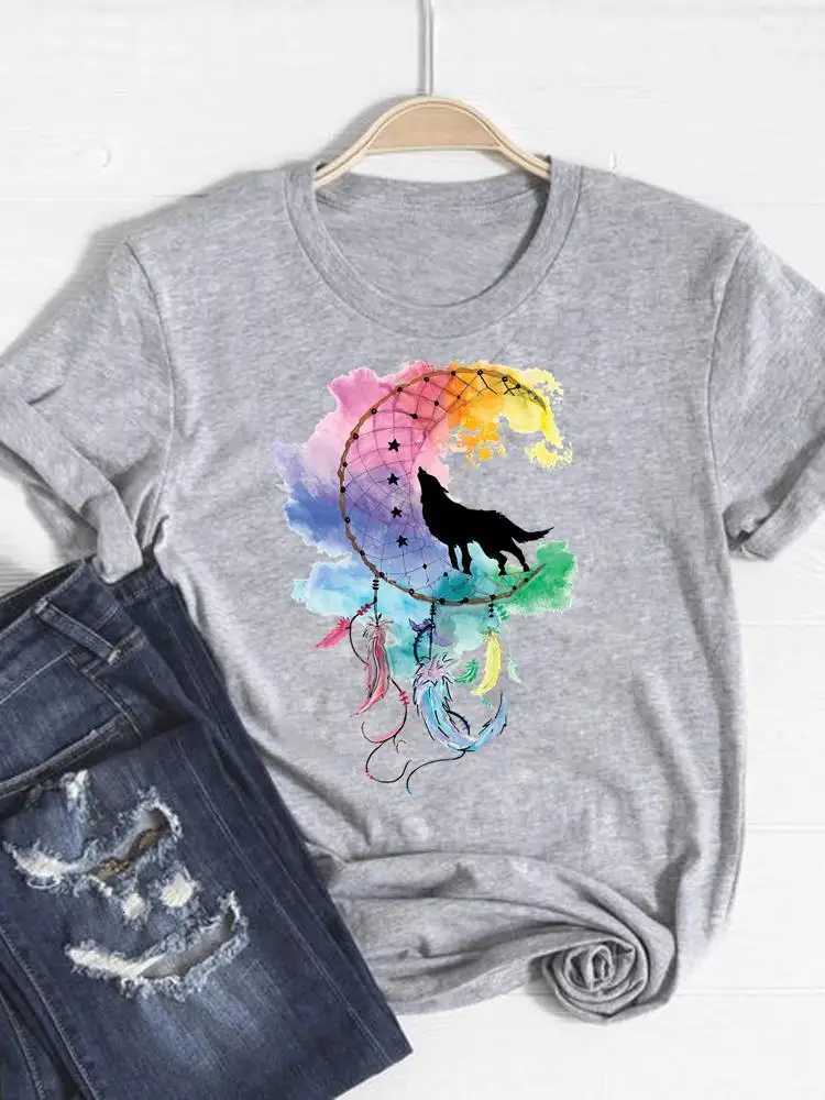 Print T Shirt Short Sleeve Summer Top Fashion Clothes Women Watercolor Sweet Trend Clothing Gray Basic Tee Graphic T-shirtT260317