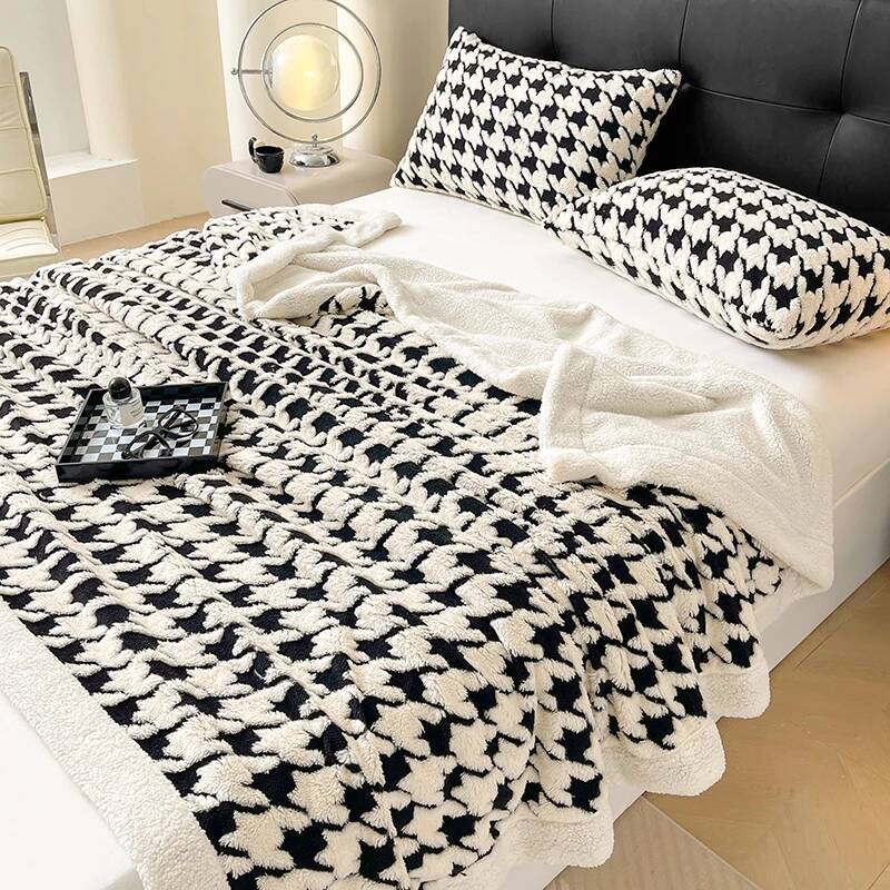 Houndstooth Pattern Spring Autumn Warm Fleece Cozy Office Naps Sofa Bed Throw Blankets Jacquard Soft Plush Blanket