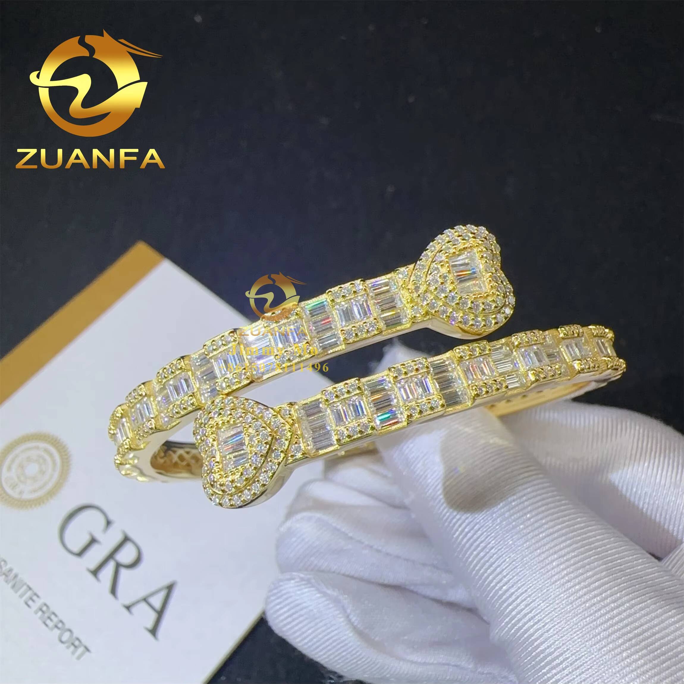 Heart Shape Style GRA Certificates 925 Silver Iced Out Hip Hop Jewelry VVS1 Baguette Moissanite Diamond Bracelet Bangles
