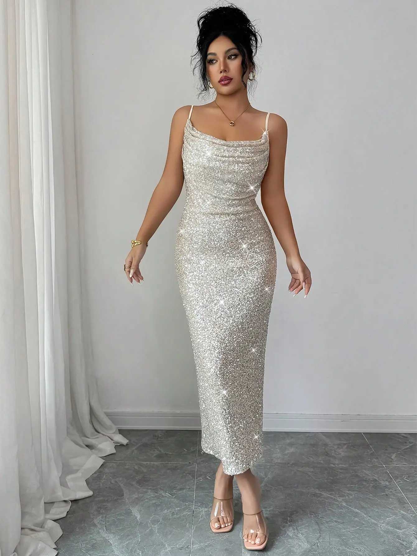 Sparkly Sequin Spaghetti Strap Draped Neck Ruched Midi Dress for PartyXJ260318