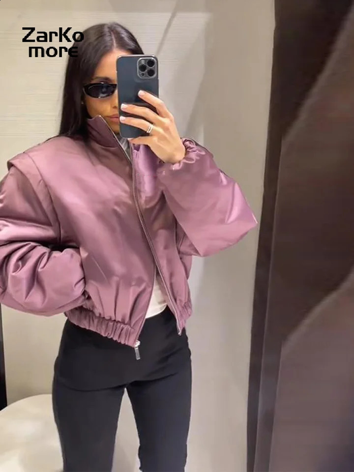 Fashion Y2K Satin Bomber Jacket Women Mauve Puff Sleeve Cropped Zip Up Casual Outerwear 2026 Spring Lady Chic Street Coats 260318