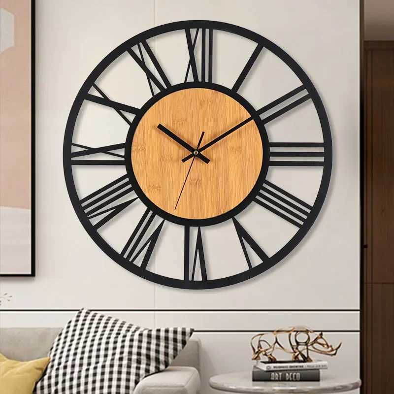 3D Large Wall Clocks Nordic Roman Numerals Retro Round Wood Metal Iron Accurate Silent Hanging Ornament Living Room Decoration D260318
