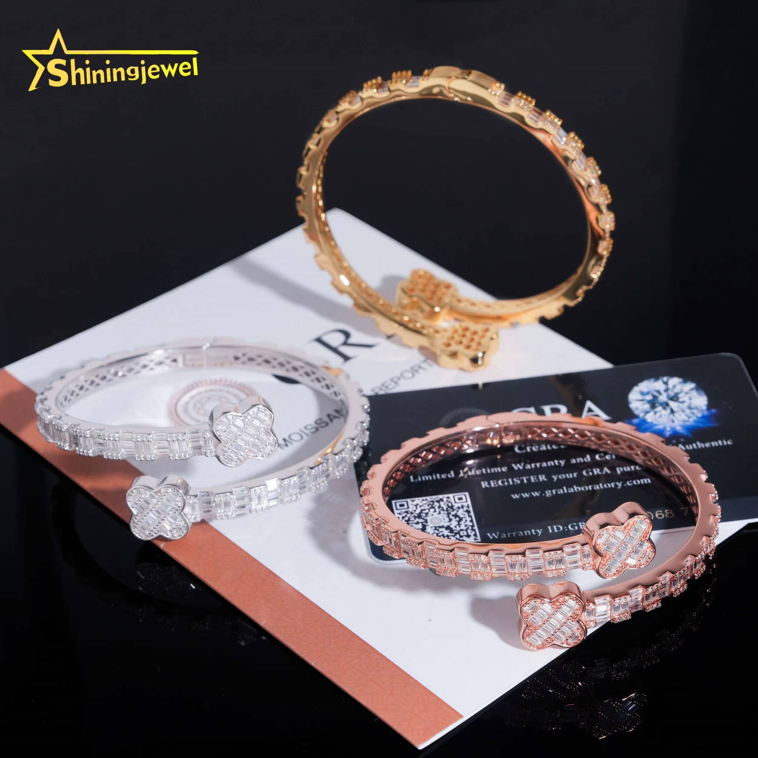Fast Shipping Fine Jewelry Trendy S925 Silver Gold Plated Hip Hop 4 Clover VVS Baguette Moissanite Diamond Bangle Bracelet