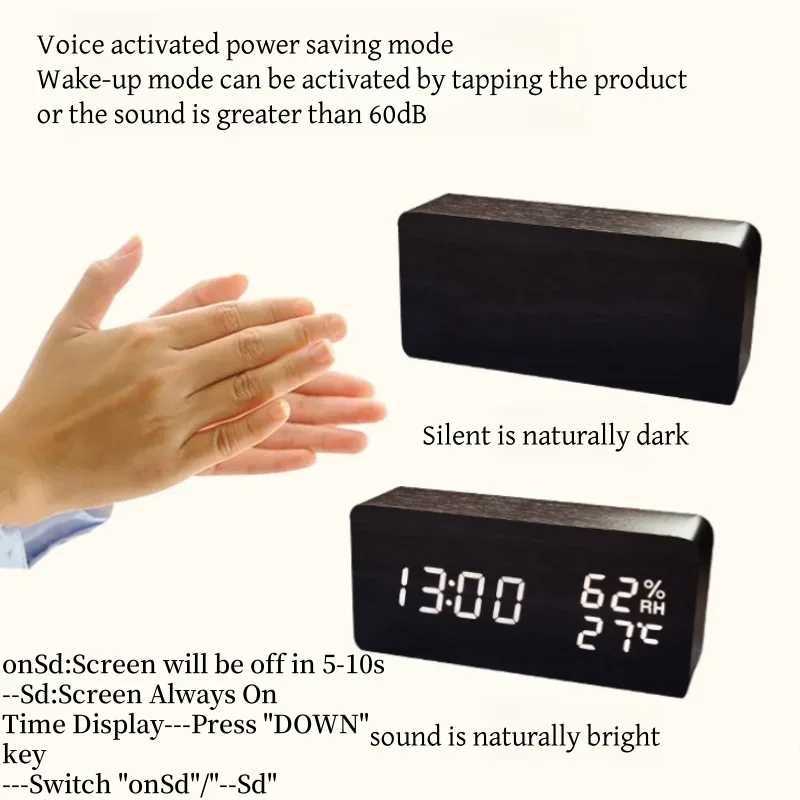 Voice Control Wood Digital Alarm Clock TEMP Humidity Date Night Mode Table Clock 3 Alarms Power Outage Memory 12/24H LED Clock D260318