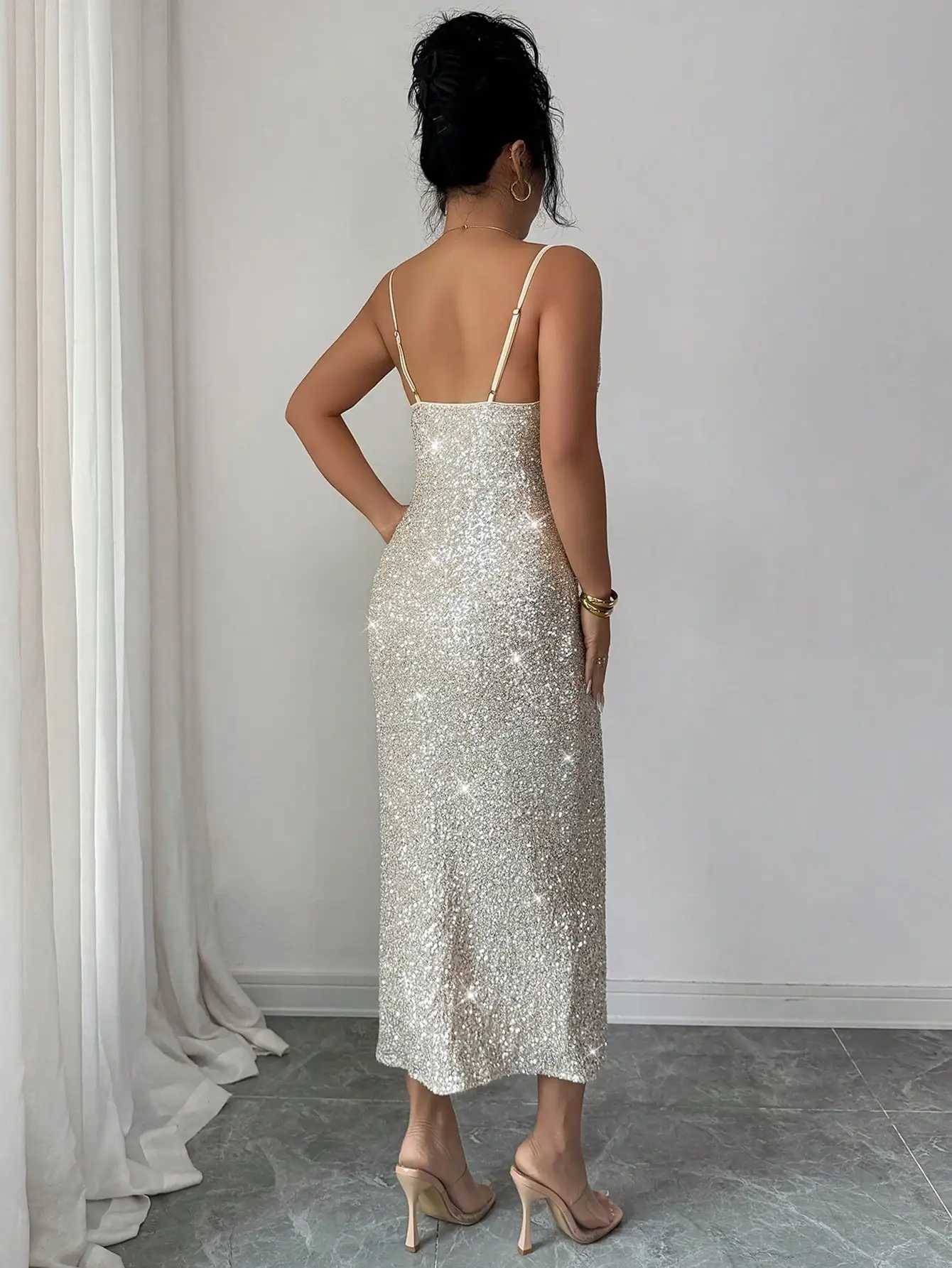 Sparkly Sequin Spaghetti Strap Draped Neck Ruched Midi Dress for PartyXJ260318