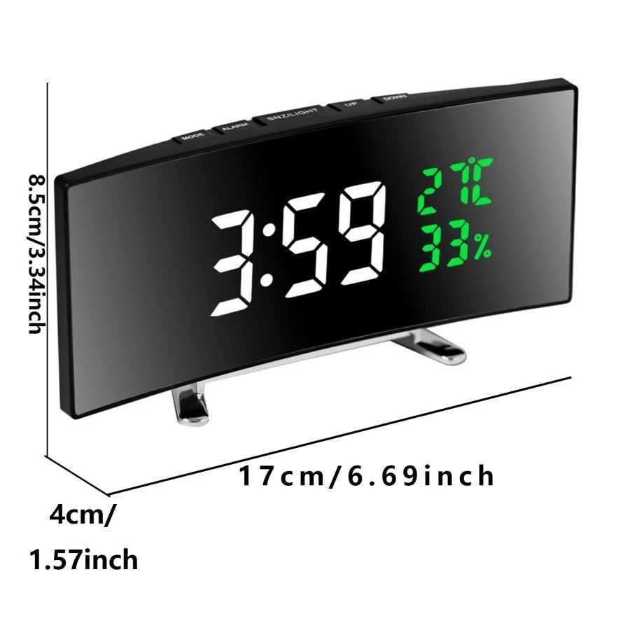 Curved Screen Digital Alarm Clock Temperature Date 2 Levels Brightness Adjustment Snooze Table Clock 12/24H Night Mode LED Clock D260318