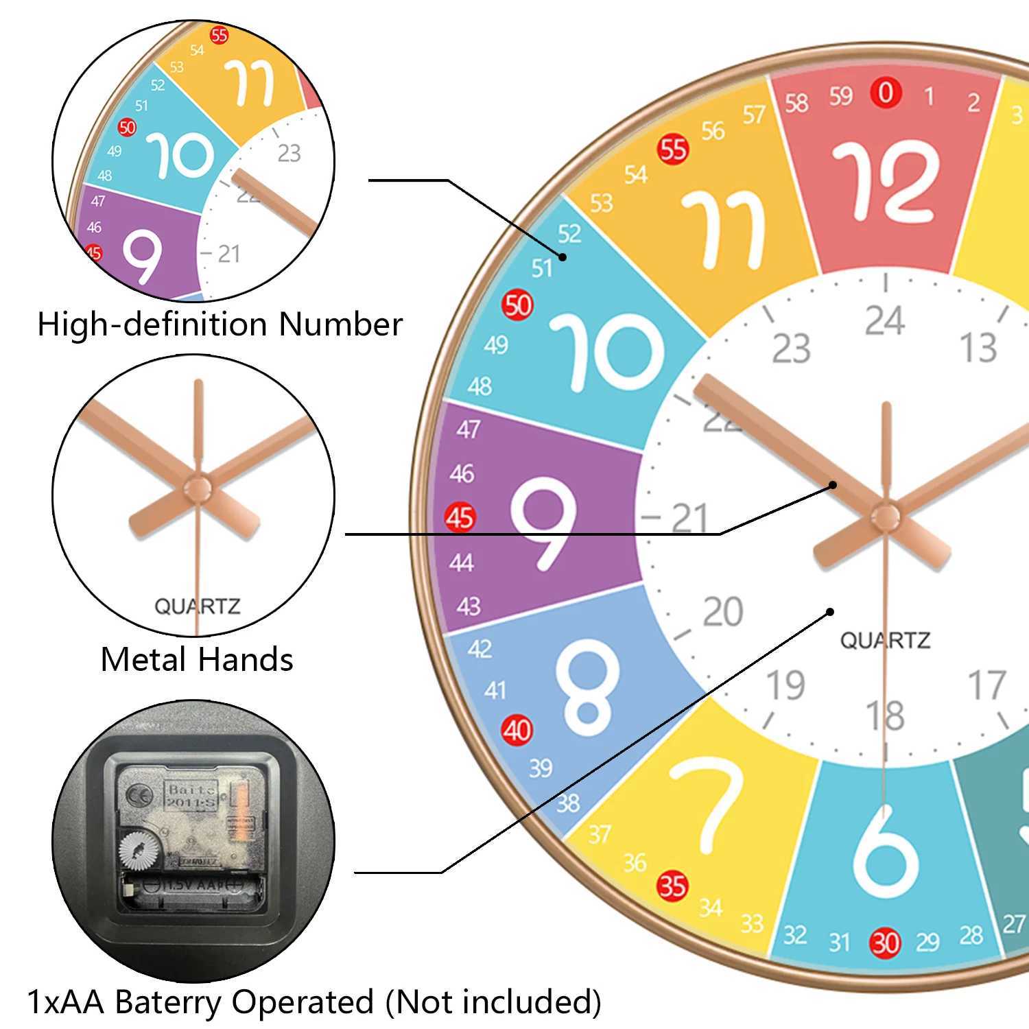 Early Education Silent Wall Clock Living Room Kids Bedroom Clock Non Ticking Analog Clock Time Teaching Wall Clock 8/10/12 Inch D260318