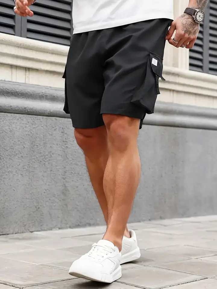 Mens Plain Regular Style Cargo Shorts with Drawstrings and Elastic Waistband Large Flap Pocket Pants Design Casual Shorts Suitable for Summer Basketba