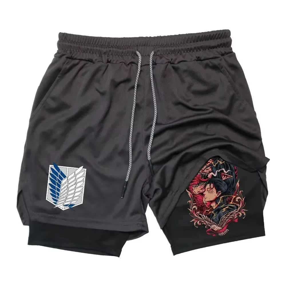 Japanese Anime Attack on Titan Print Double Layer 2-in-1 Shorts Mens Workout Training Gym Sports Pockets Quick-Drying Shorts M260318