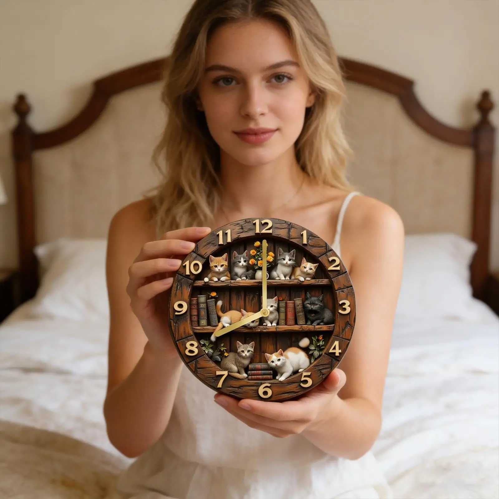 Cat Theme Wooden Wall Clock 12 Inch Cute Animal Decoration for Living Room Bedroom Farmhouse Home Office Decor Silent Clock D260318