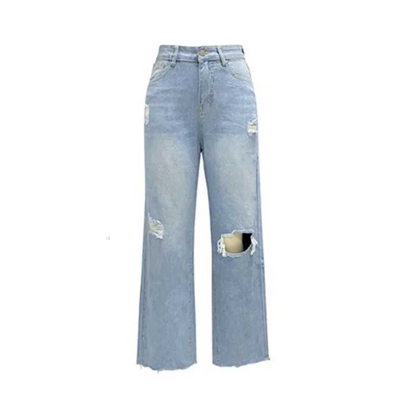 Women Knee Broken Holes Trend Straight Jeans Fashion Comfortable Casual High Waist Denim Pants Female Loose Wide Leg Trousers 24T260317