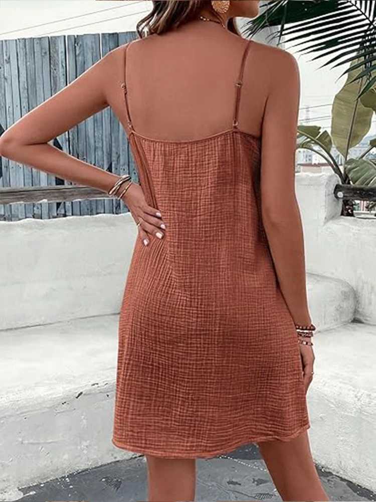 Womens Brown Textured Button Front Dress Spaghetti Straps Pockets Ideal for Summer Vacations Beach Outings Bohemian StylesXJ260318
