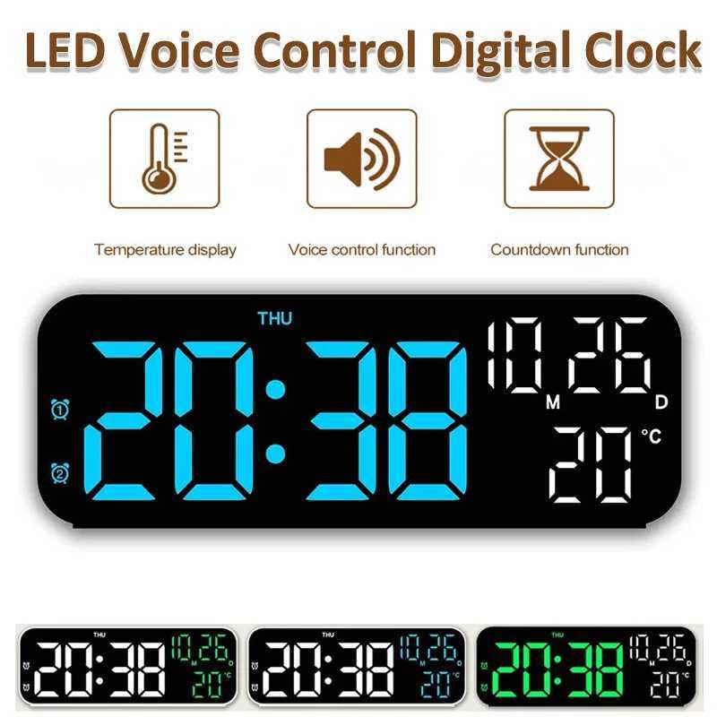 LED Digital Clock Temperature Date Week Display Desktop Clock 3 level Brightness Adjustment Voice Control Countdown Alarm Clock D260318