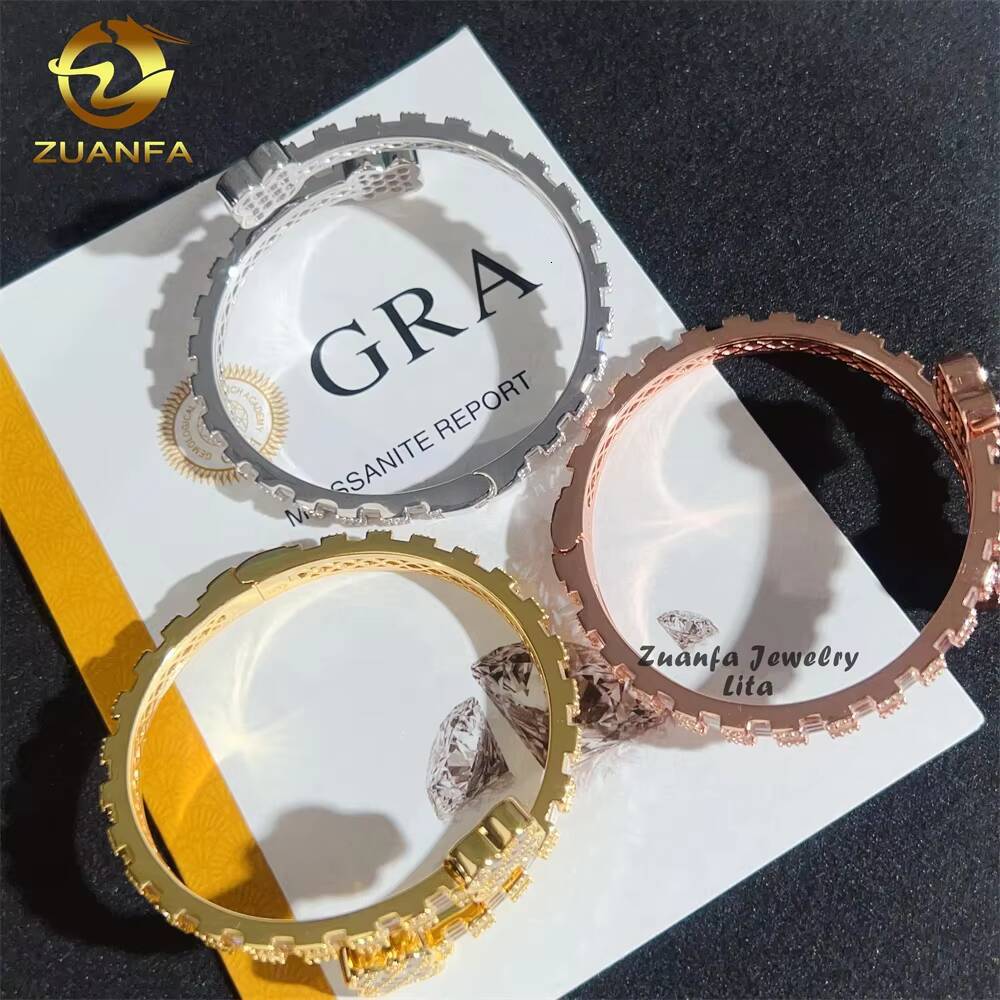 925 Sterling Silver Fashion Jewelry Four Leaf Clover Hip Hop Moissanite Diamonds Gold Plated Bracelet Bangles