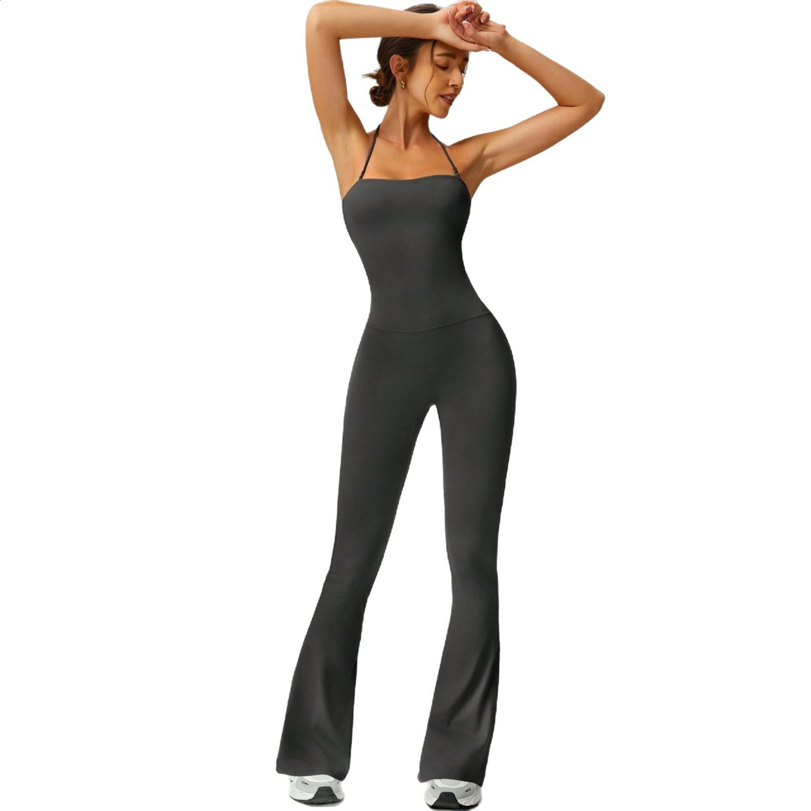 Neck Mounted Sexy Black Jumpsuits For Women Sleeveless Low Cut Elegant Outfit Slight Flared Pants Jump Suit Overall 240301