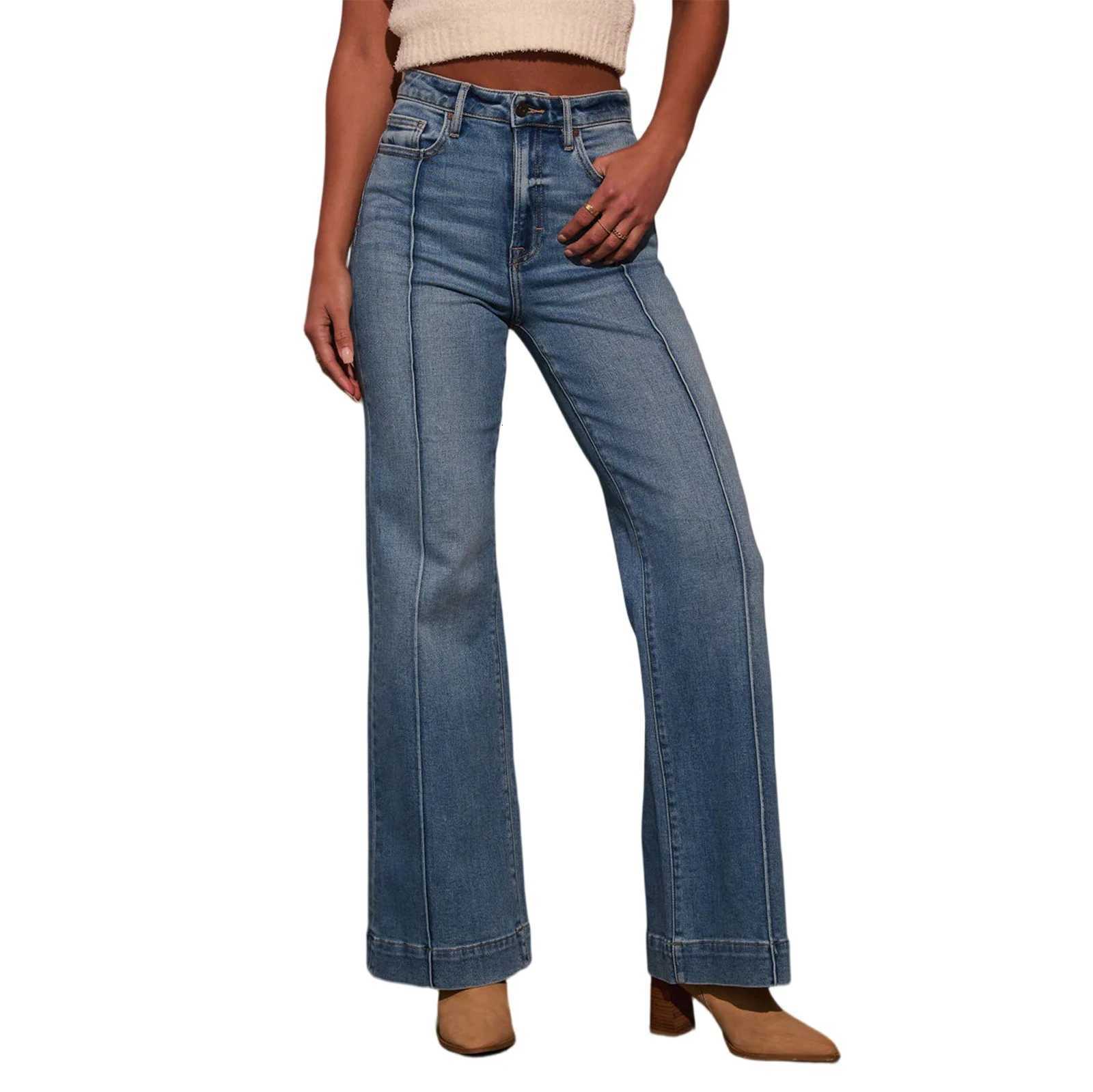 Autumn New WomenS High Waist Straight Jeans Slim Fit Wide Leg Version Stretch Denim Fabric Elegant Intellectual JeansT260317