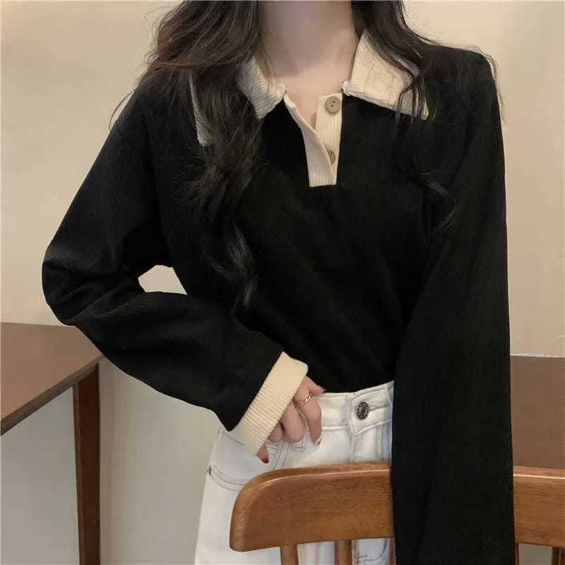 Casual Women T-shirts Korean Fashion Sweet Preppy Style Tops Female Autumn Long Sleeve Turn Down Collar Basic Pullovers TeesT260317