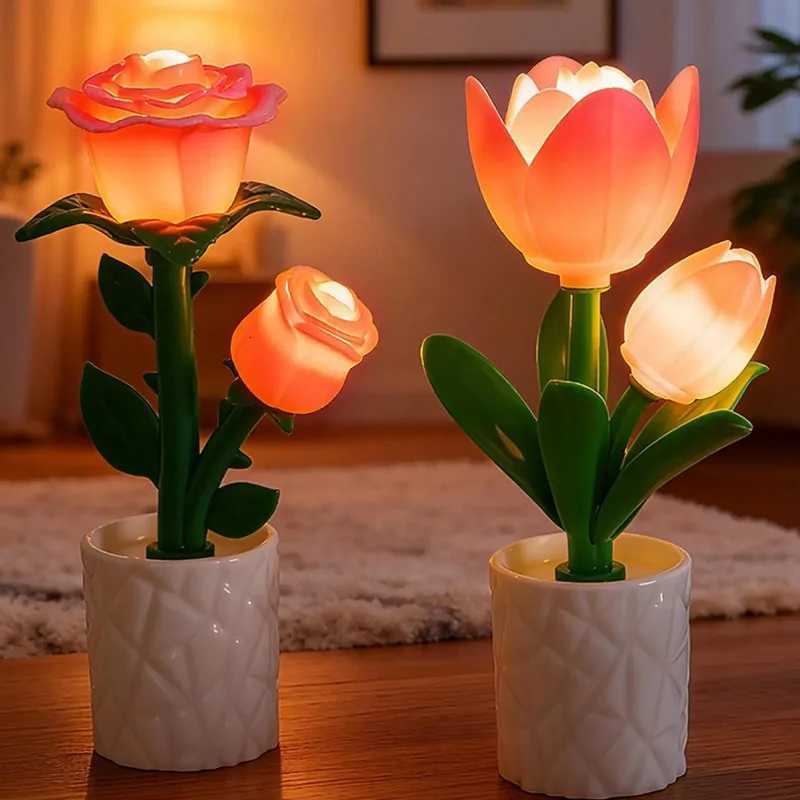 Creative Ornament Tulip Flower Sea Building Blocks Night Light Handmade Rose Ornament LED Atmosphere Desk Lamp H260318