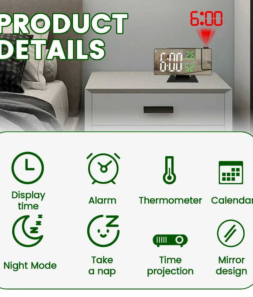 Projection digital alarm clock 180 arm projection LED alarm clock multifunctional USB plug in projector desktop LED clock D260318