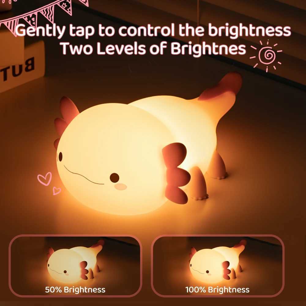 Axolotl Night Light for Kids 2 Brightness Silicone Nursery Sleeping Light Portable USB Rechargeable Bedside Lamp For Babys Room H260318