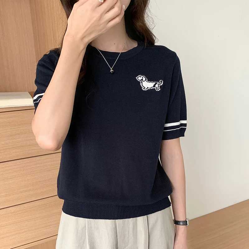 Womens T-Shirt Summer 100 Cotton Sweater Short Sleeve Knit Round Neck Ladies Top Loose Fashion Embroidery Tees Blouse PulloverT260317