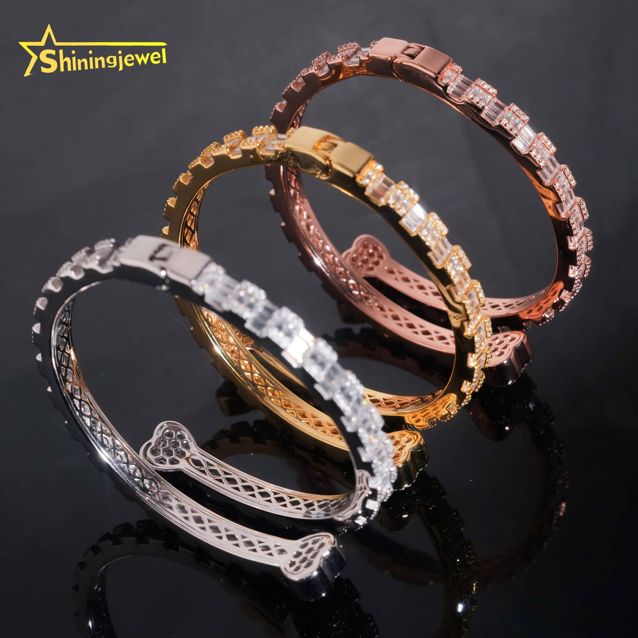 Solid 925 Silver Gold Plated VVS Baguette Moissanite Diamond Heart Bangle Bracelets Fashion Jewelry Pass Diamond Tester