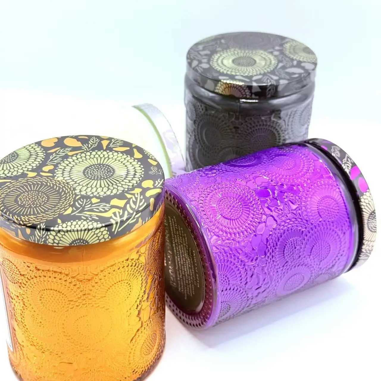 Embossed Glass Scented Candle Soy Wax Aromatherapy Candle 5 Scents 40 Hour Long Burn Plant Essential Oil Clean Burn D2603181