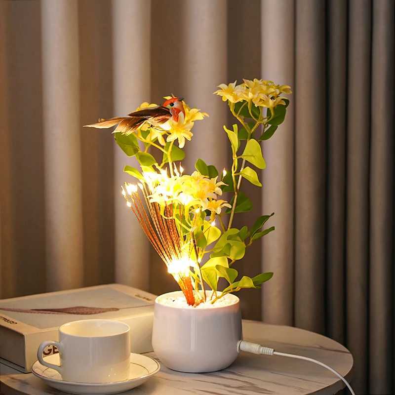 LED Bird and Flower Tree Table Lamp Lily Color Bird Potted Tree Lights for Holiday ValentineS Mother Day Gifts Home Decor H260318