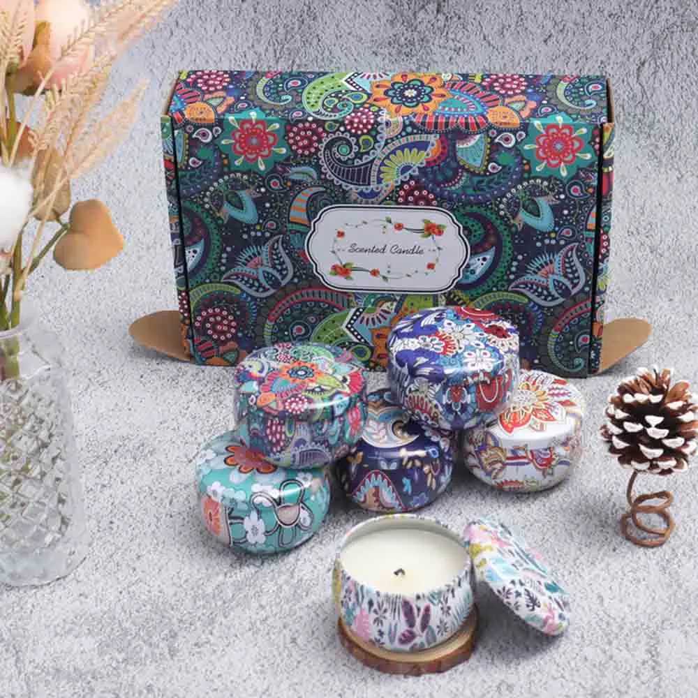 1 Box of 6 Tin Can Candle Set Soy Wax Essential Oil Dried Floral Scented Candle Gift Set Wedding Birthday Gift Home Decoration D260318