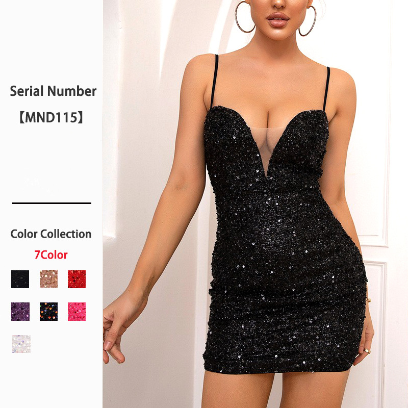 V-neck strapless sequined dress elegant lady's party dress black dress sexy backless short skirt T260318