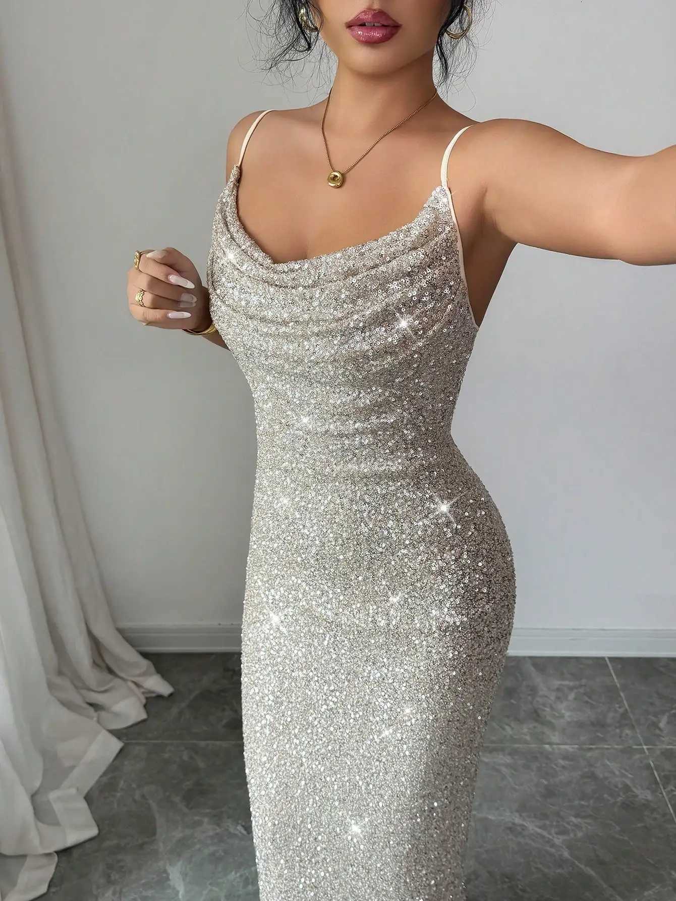 Sparkly Sequin Spaghetti Strap Draped Neck Ruched Midi Dress for PartyXJ260318