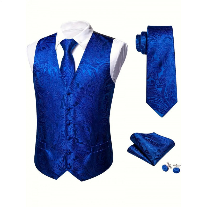 Hi-Tie Solid Voilet Lilac Silk Mens Suit Vest 4PC Woven Waistcoat Tie Pocket Square Cufflink Business Wedding Dress Waist Jacket 240615