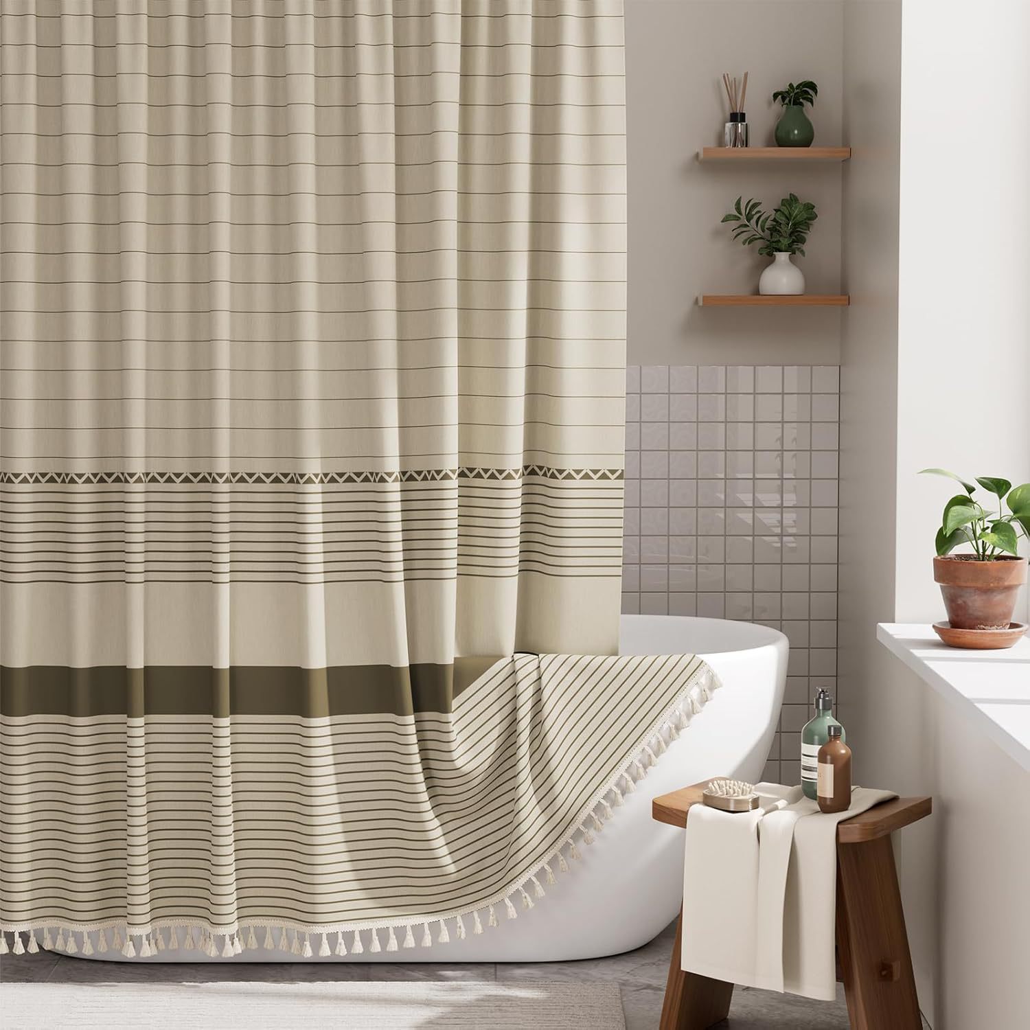 YL-38368 Printed Bamboo Striped Simple Tassel Bathroom Curtain, Waterproof and Thickened, Bathroom Partition Curtain