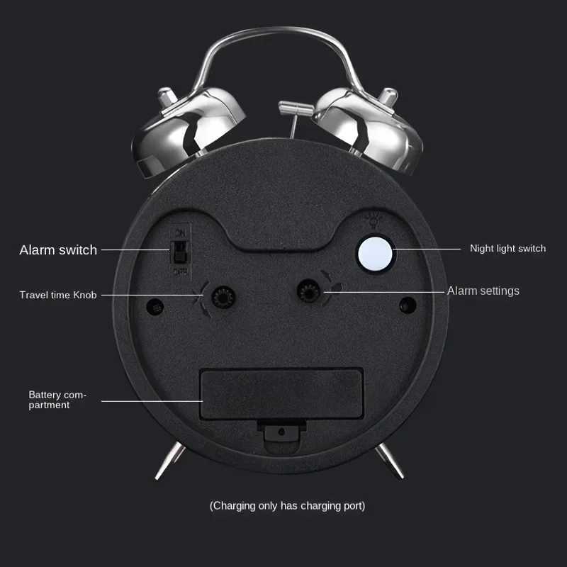 Night Light Twin Bell Alarm Clocks Metal Frame Battery Operate Loud Desk Table Alarm Clock for Bedrooms Bedside D260318