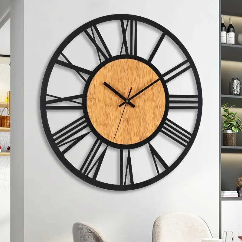 3D Large Wall Clocks Nordic Roman Numerals Retro Round Wood Metal Iron Accurate Silent Hanging Ornament Living Room Decoration D260318