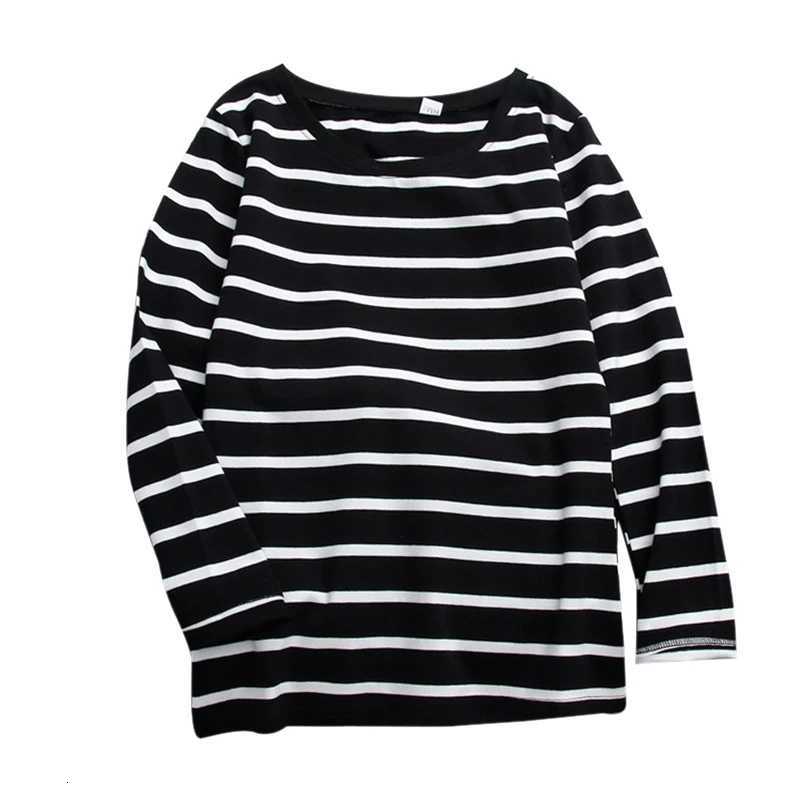 Women Loose Long Sleeve Striped Tee Shirt Spring O-Neck Casual Cotton T-shirt Lady Casual Basic Korean Black White TopsT260317