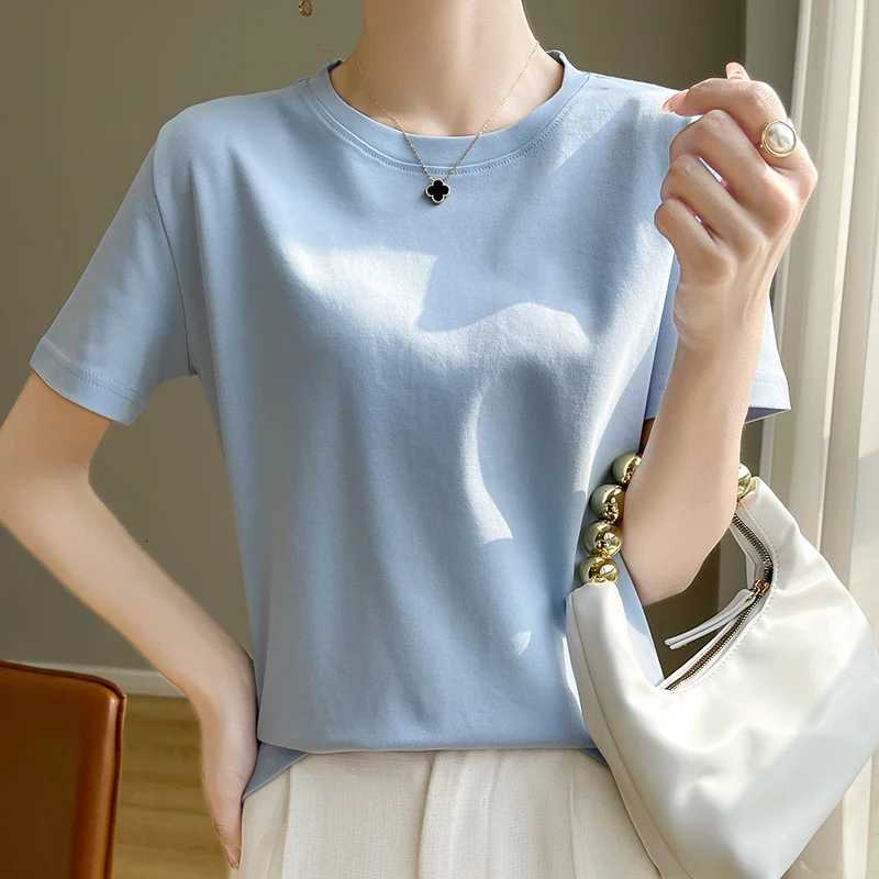 High-End Cool Mercerized Cotton Short-Sleeved T-shirt Womens Solid Color Half Sleeve Bottoming T-Shirt TopT260317