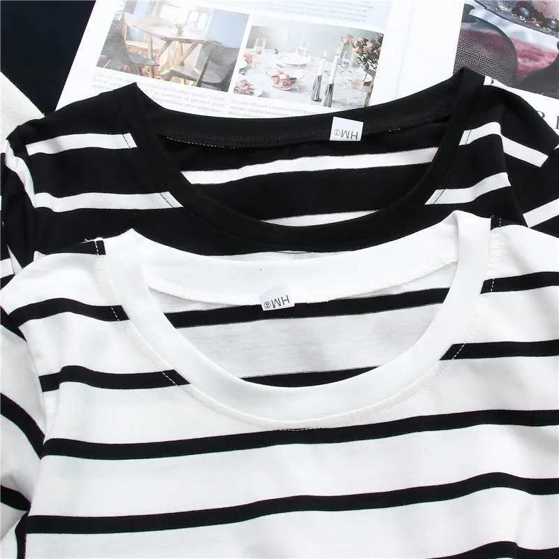 Women Loose Long Sleeve Striped Tee Shirt Spring O-Neck Casual Cotton T-shirt Lady Casual Basic Korean Black White TopsT260317