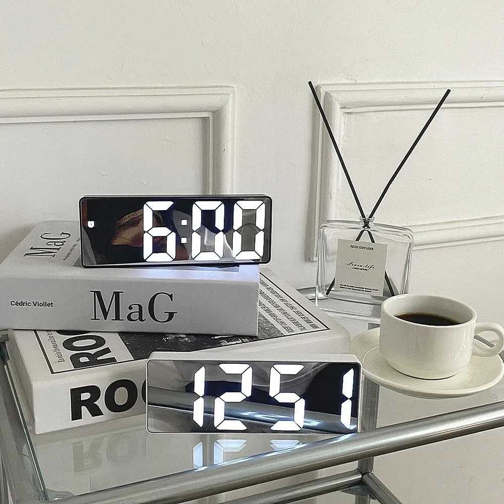Smart Alarm Clock Bedside Table Led Alarm Clock Digital Childrens Electronic Alarm Clock Curved Screen Mirror Temperature D260318
