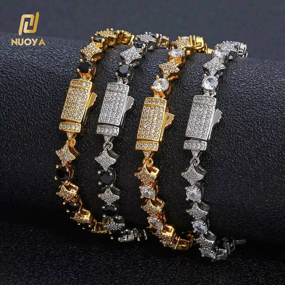 NUOYA 6mm High Quality Round CZ Diamond Gold Silver Star Shape Tennis Chain Bracelet for Women Bling Hip Hop Fine Jewelry
