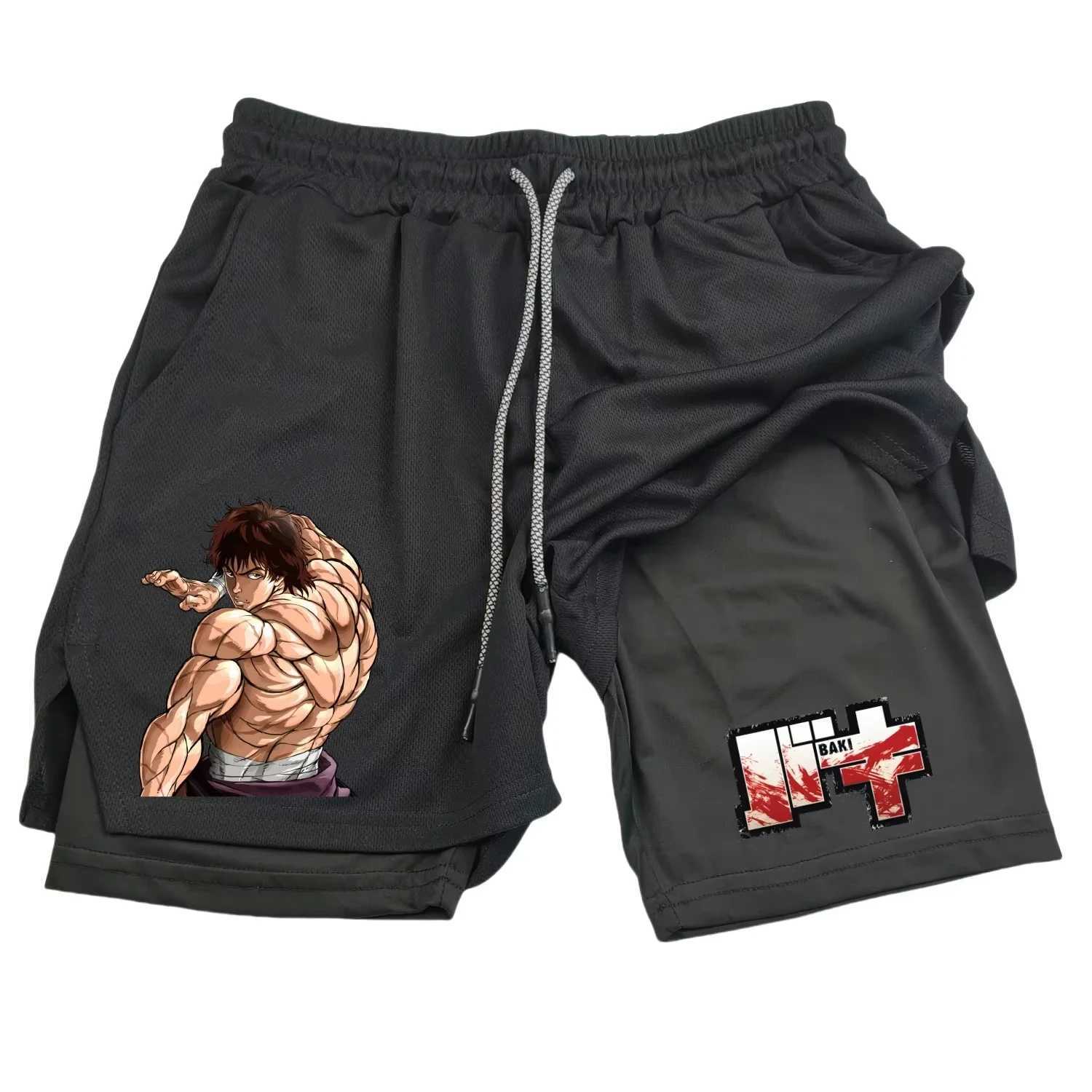 Hanma Baki Anime Mens 2 in 1 Gym Shorts Quick Dry Mesh Fitness Shorts Black Workout ZY0019 M260318