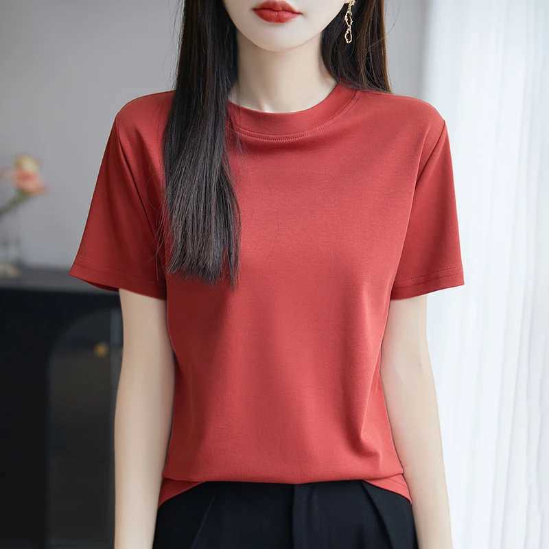 Summer New Cool Mercerized Cotton Short Sleeve T-shirt Womens Semi-High Collar 100 Cotton Loose Shoulder TopT260317