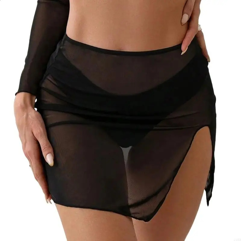 Women Sheer Mesh Beach Skirt Side Slit Beach Coverup Wrap Short Beach Coverup Skirt Bathing Suit Coverup Wrap Skirt 24BD 260317